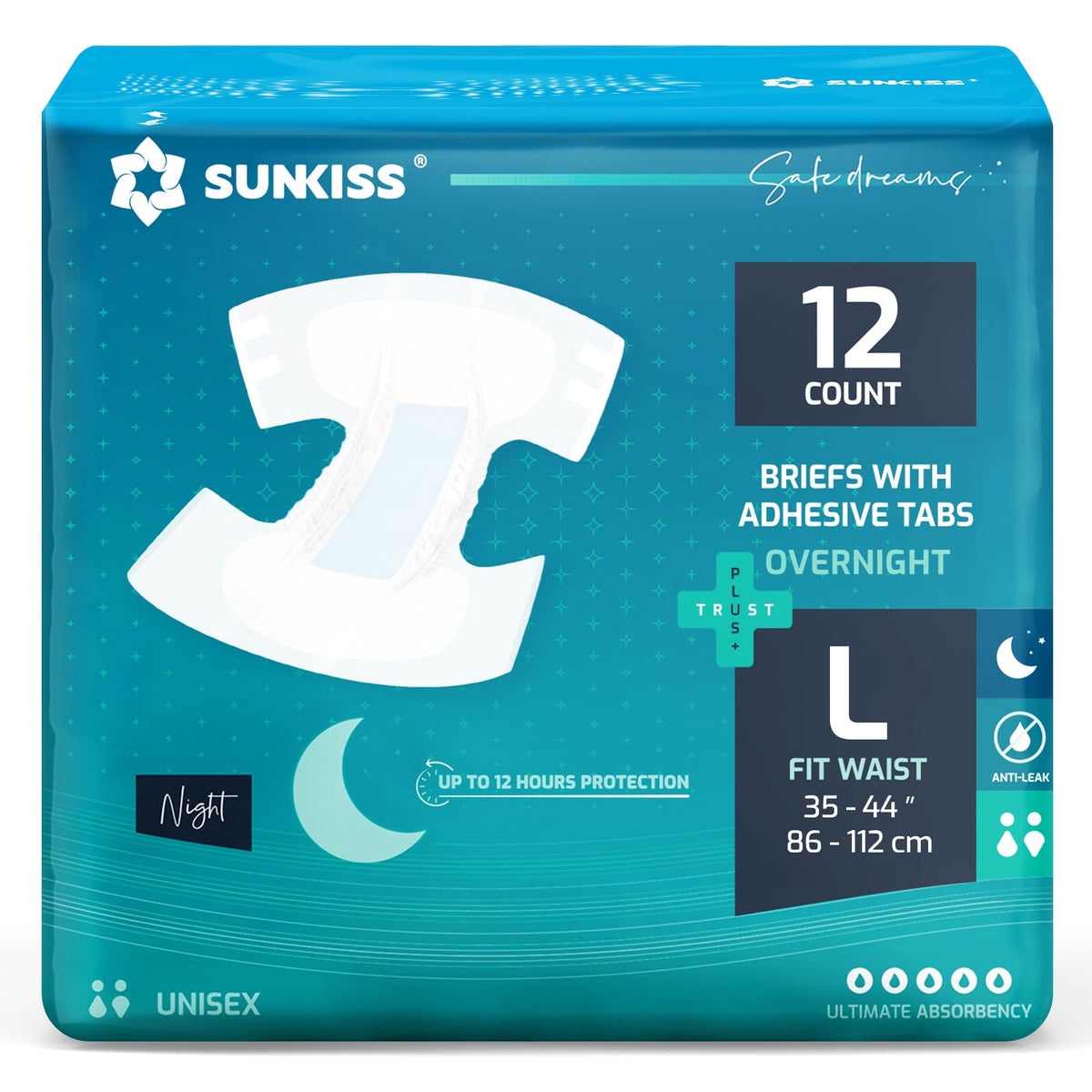 SUNKISS frente del empaque mostrando la talla L y beneficio de alta absorción