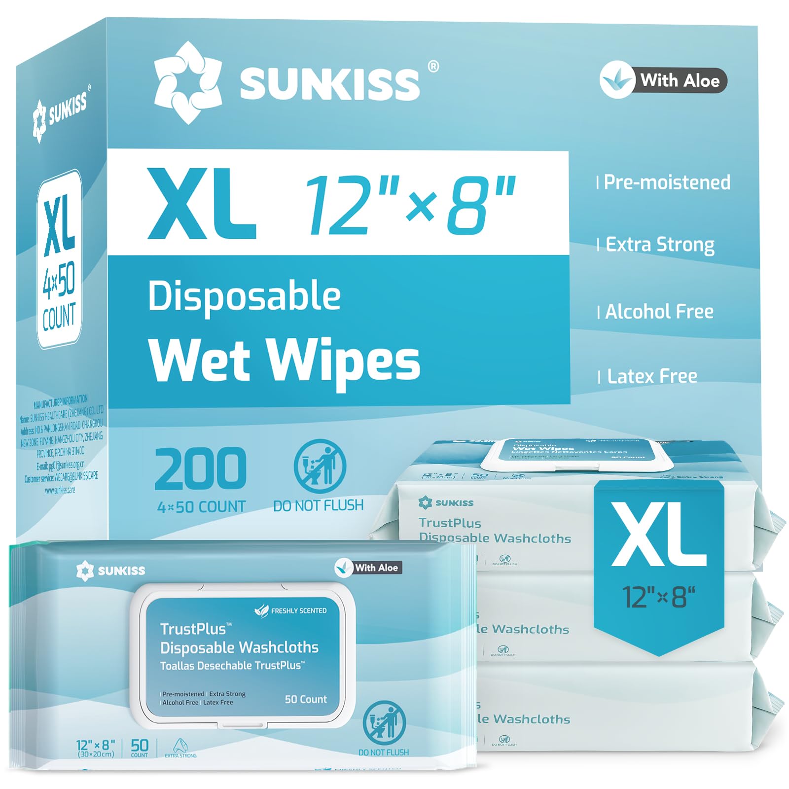 SUNKISS paquete frontal mostrando 200 toallitas y beneficio de gran capacidad
