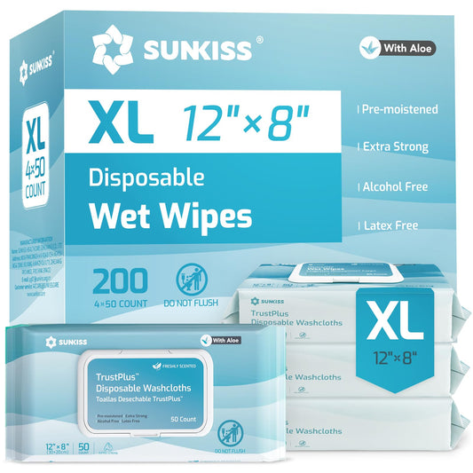 SUNKISS paquete frontal mostrando 200 toallitas y beneficio de gran capacidad