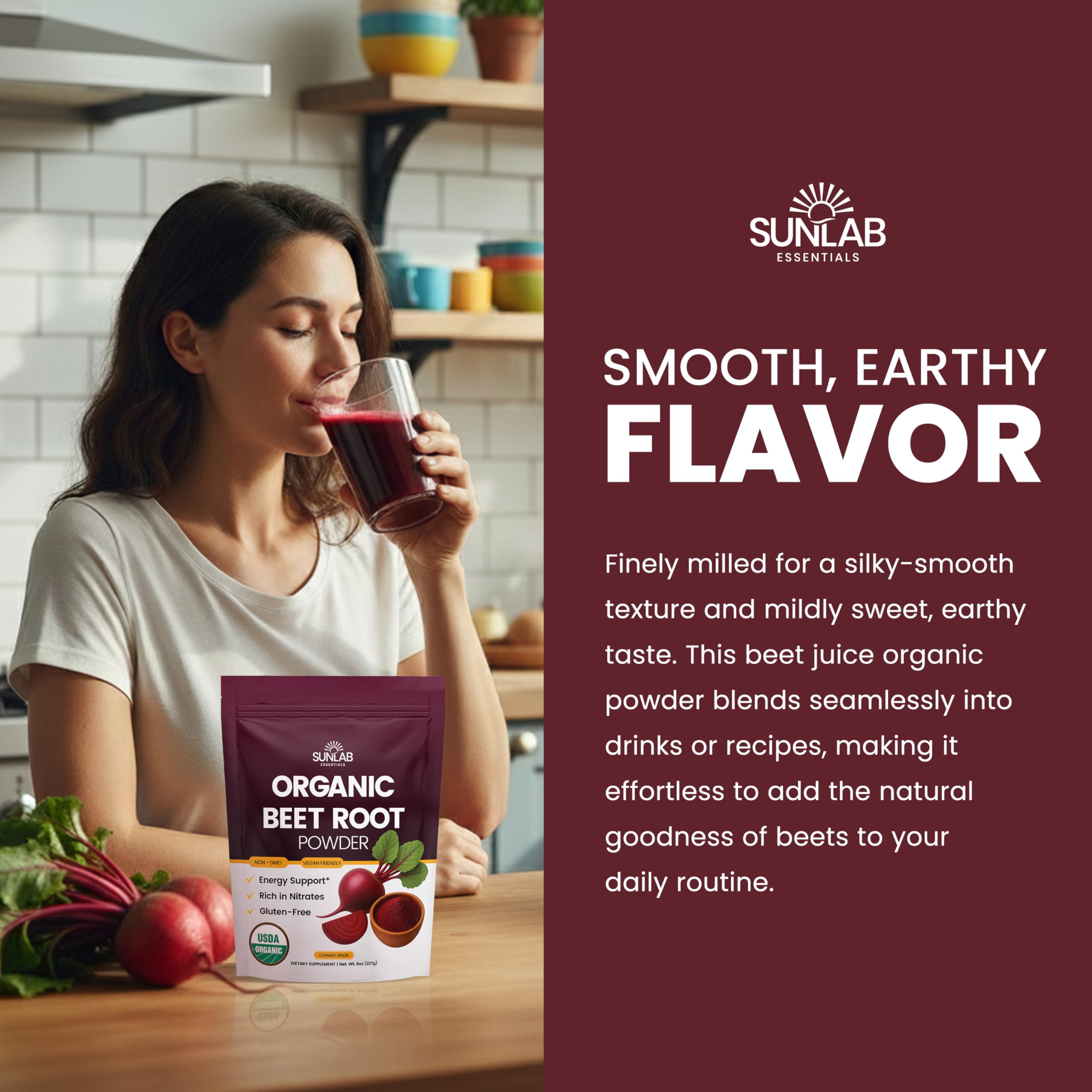 Etiqueta del producto SunLab Essentials mostrando ingredientes orgánicos