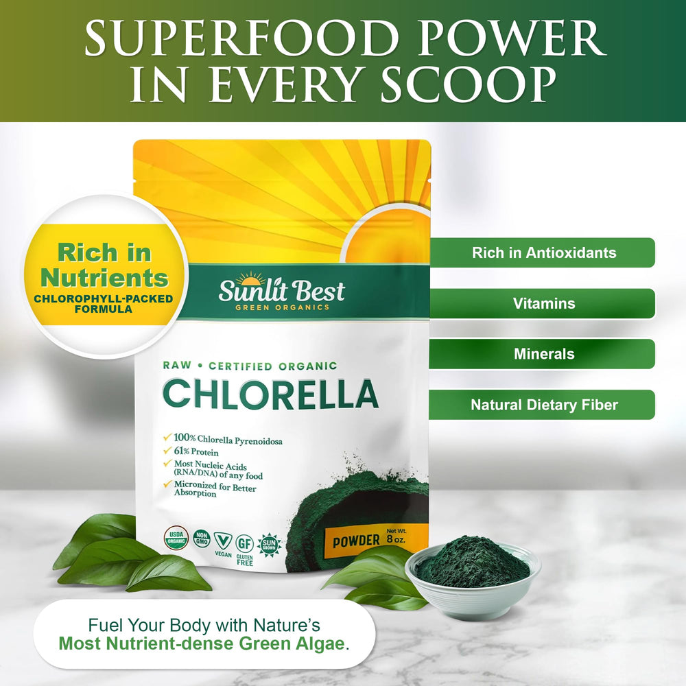 Polvo de chlorella Sunlit Best primer plano que muestra textura fina y calidad