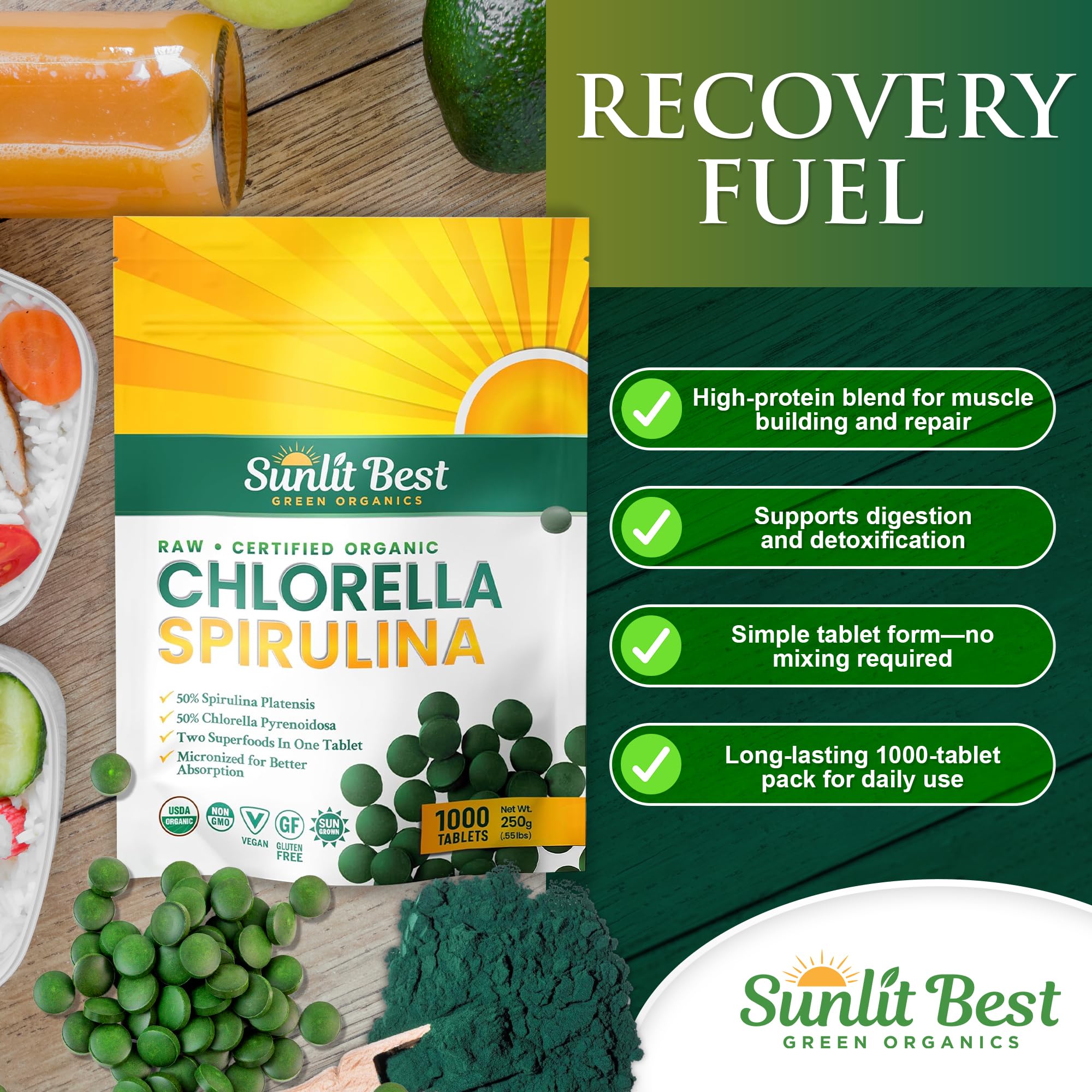 Sunlit Best primeros planos de chlorella y spirulina ilustrando pureza orgánica
