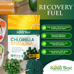 Sunlit Best primeros planos de chlorella y spirulina ilustrando pureza orgánica