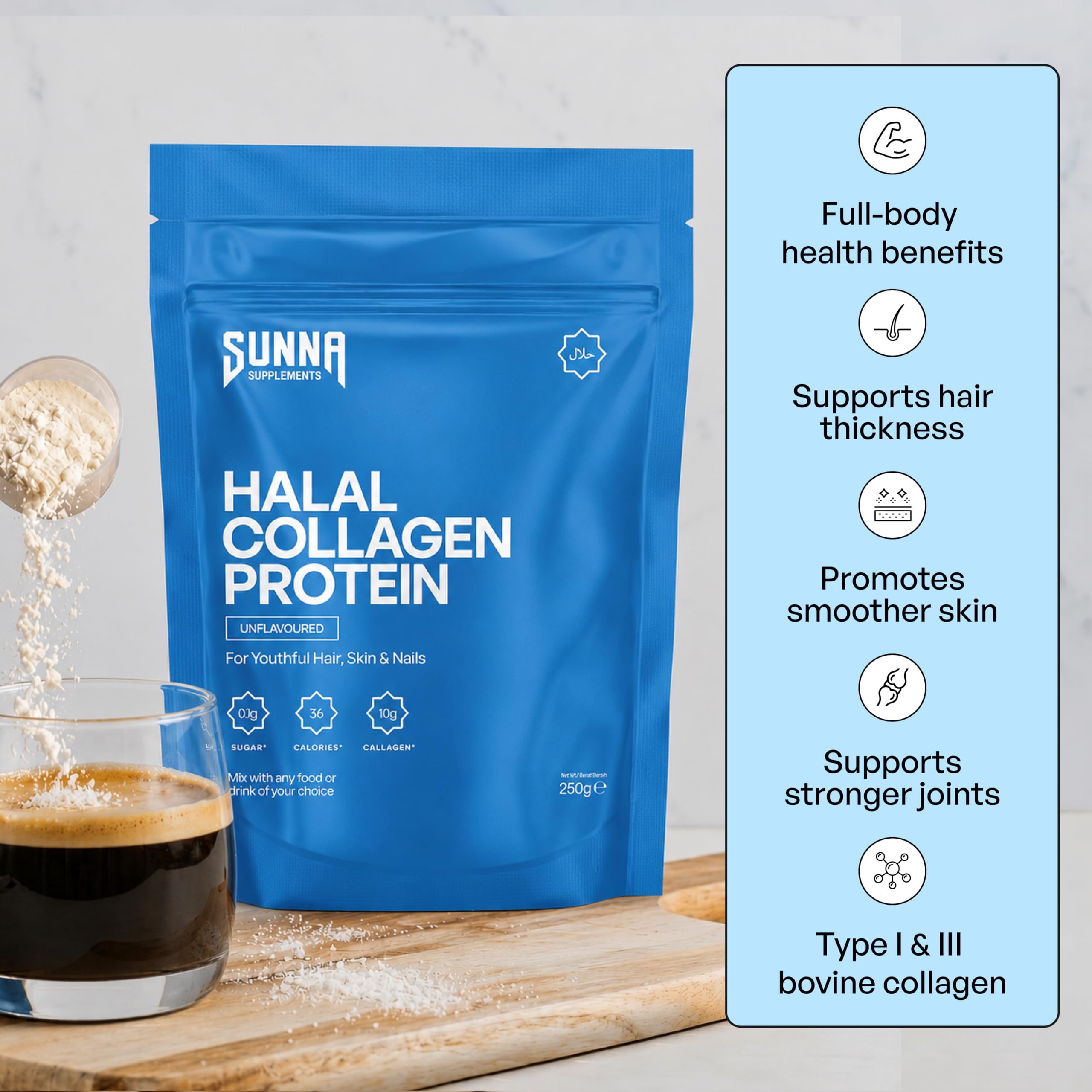 SUNNA SUPPLEMENTS textura del polvo fina para mejor disolución y mezcla