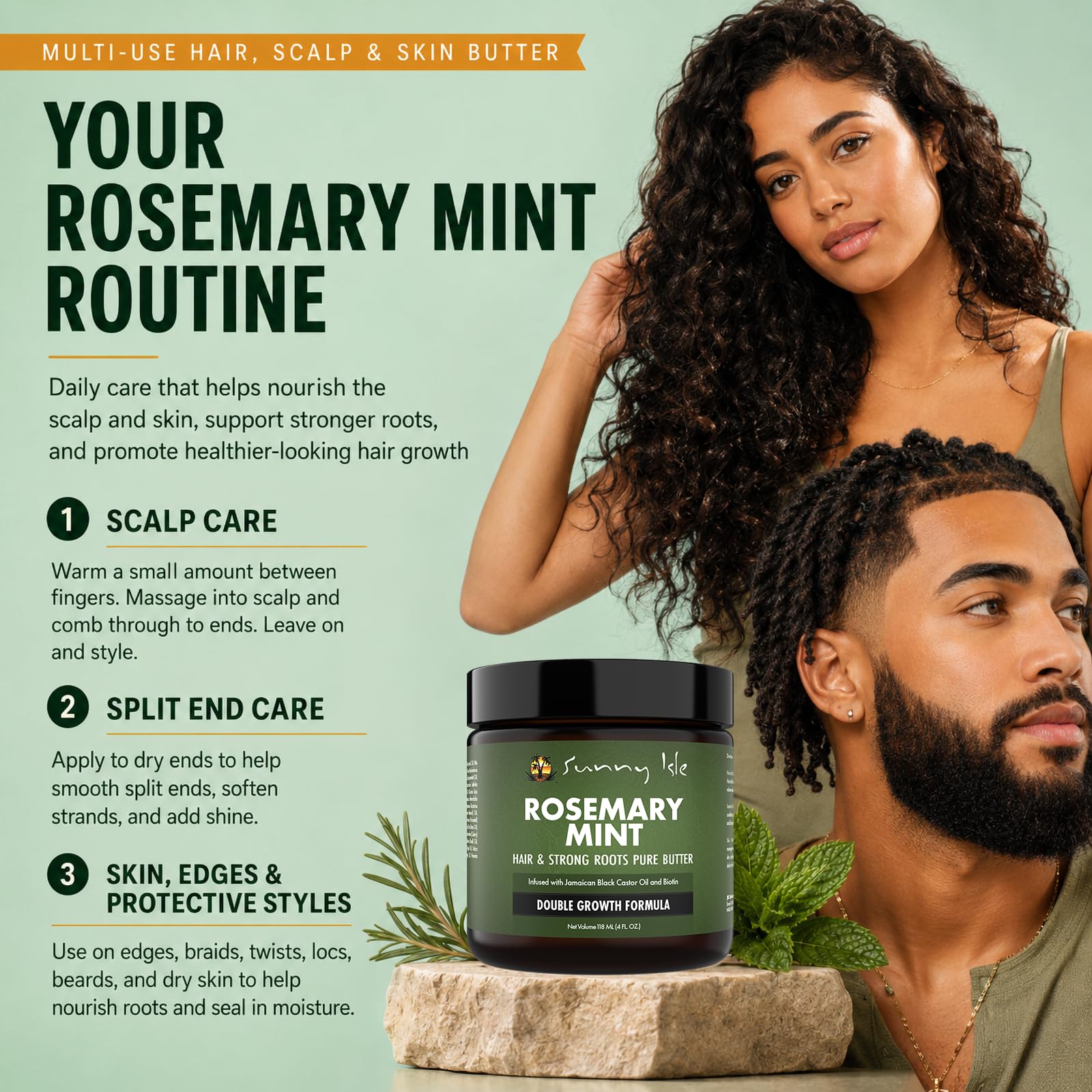 Sunny Isle etiqueta con ingredientes clave como biotina y ricino