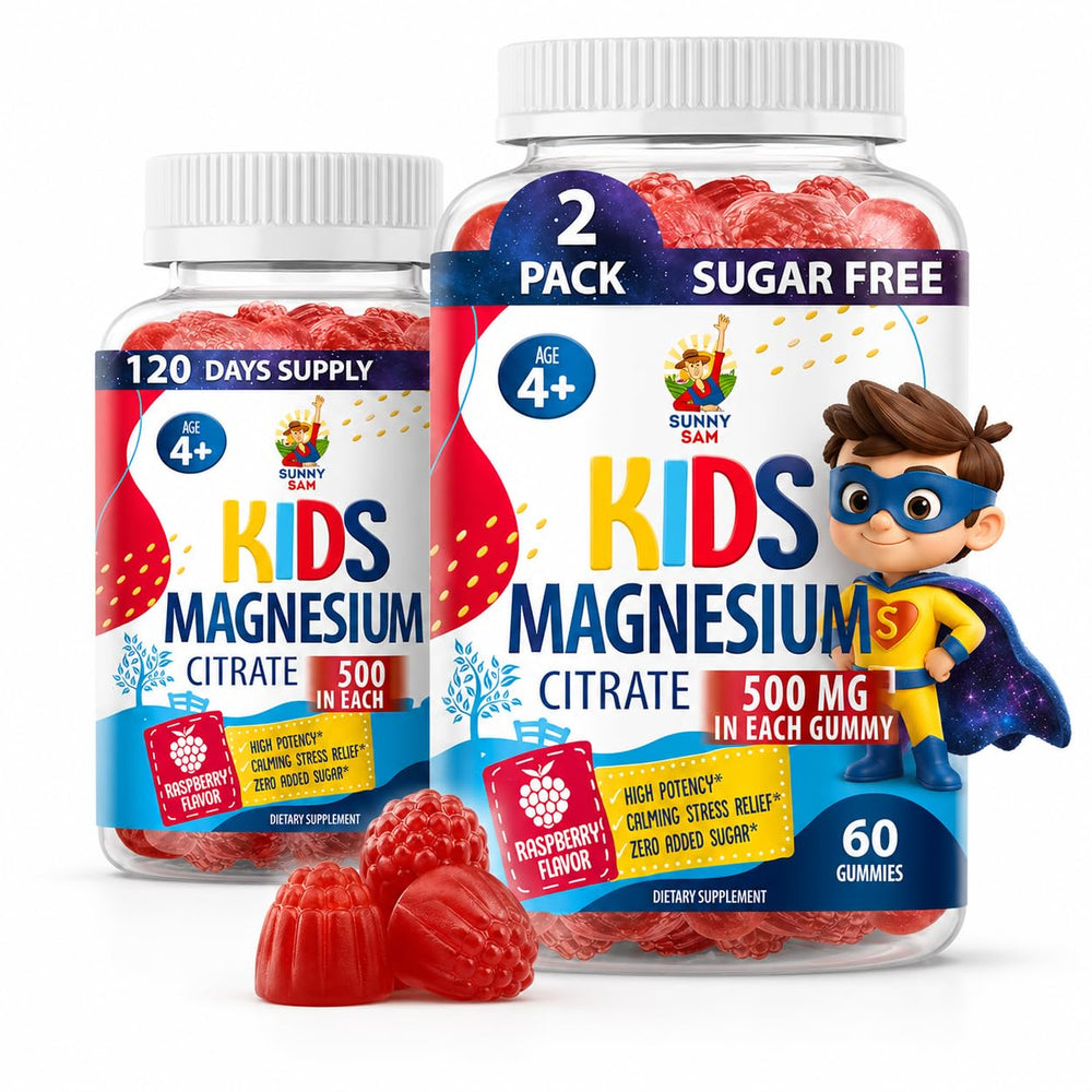 SUNNY SAM envase frontal mostrando gomitas y 2 pack para conveniencia