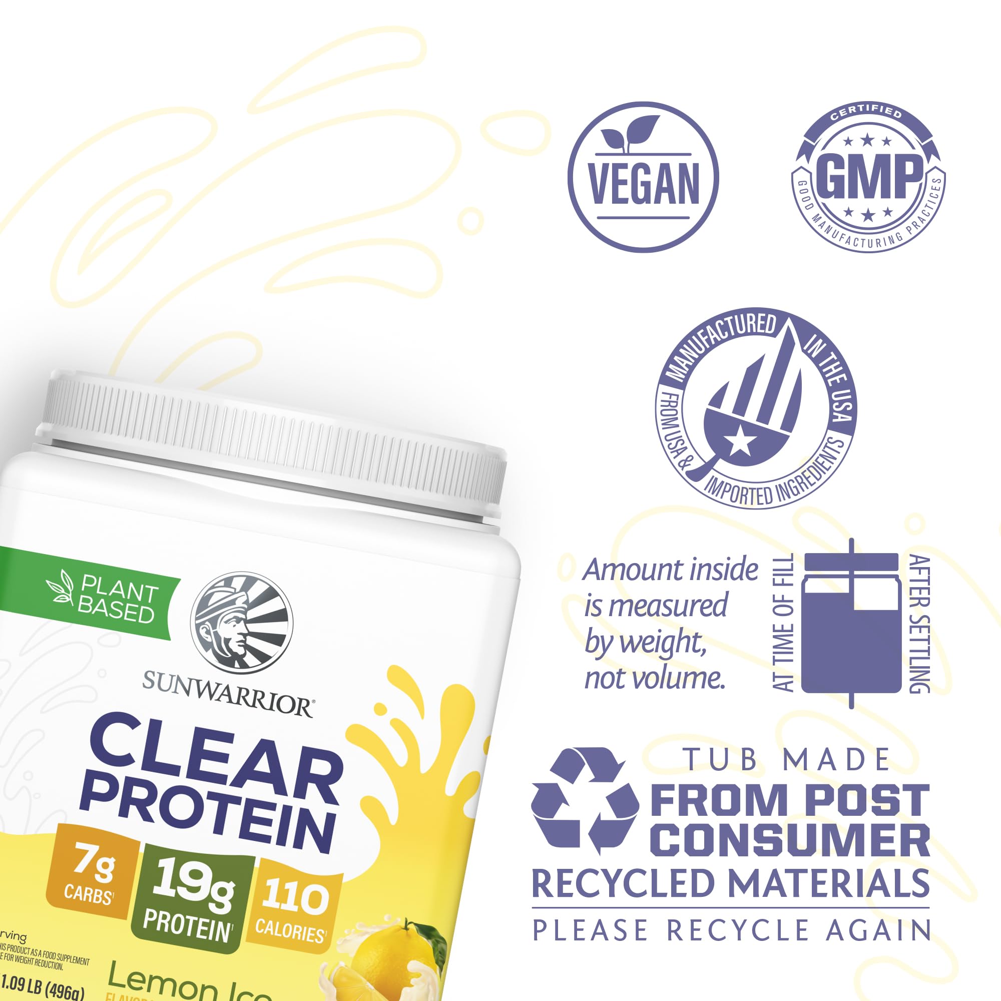 Sunwarrior bebida clara en vaso con hielo limón, refresco proteico después de entrenar