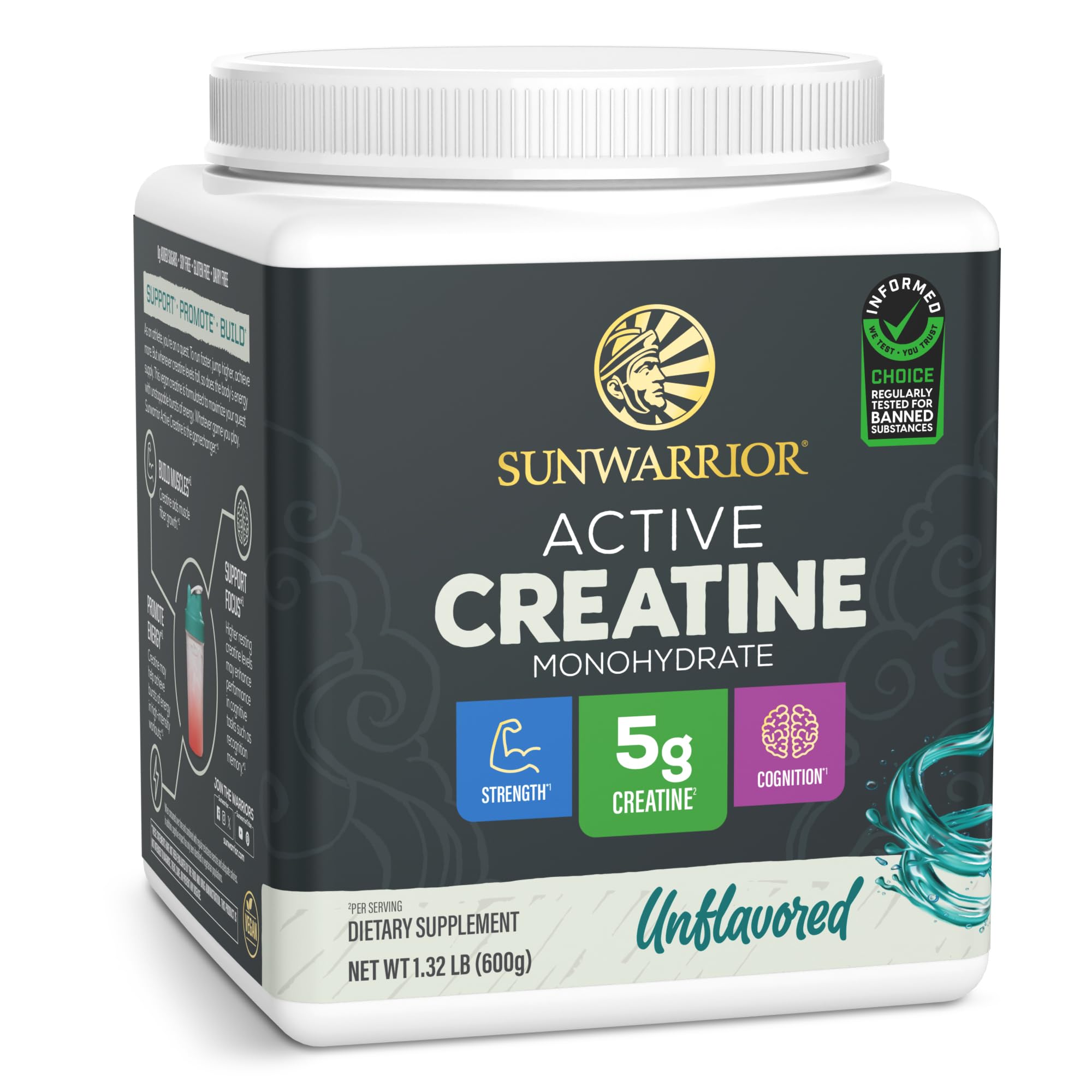 Sunwarrior envase frontal de creatina micronizada, limpieza y confianza