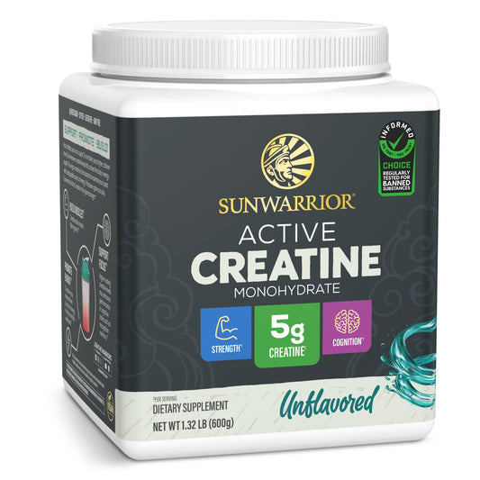 Sunwarrior envase frontal de creatina micronizada, limpieza y confianza