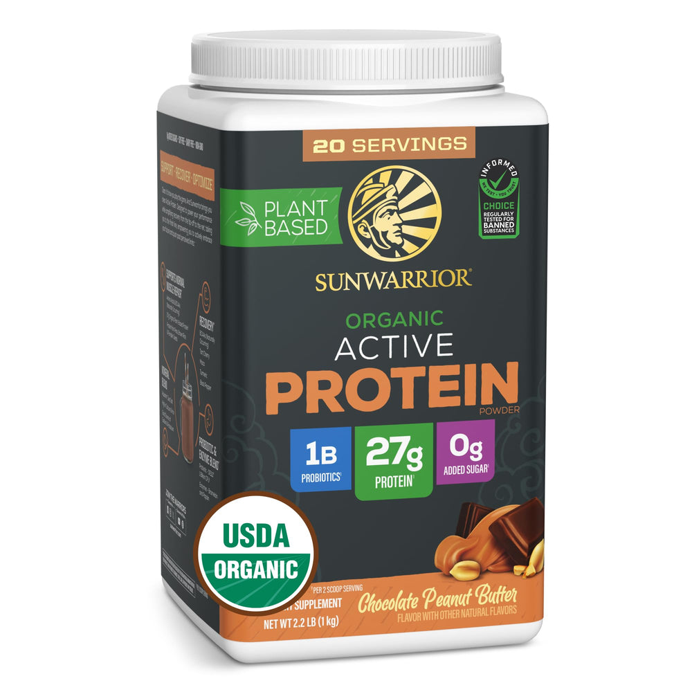 Sunwarrior envase frontal mostrando formato y sabor Chocolate Peanut Butter, confianza en calidad