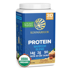 Sunwarrior envase frontal mostrando el sabor chocolate cacahuate y beneficios veganos