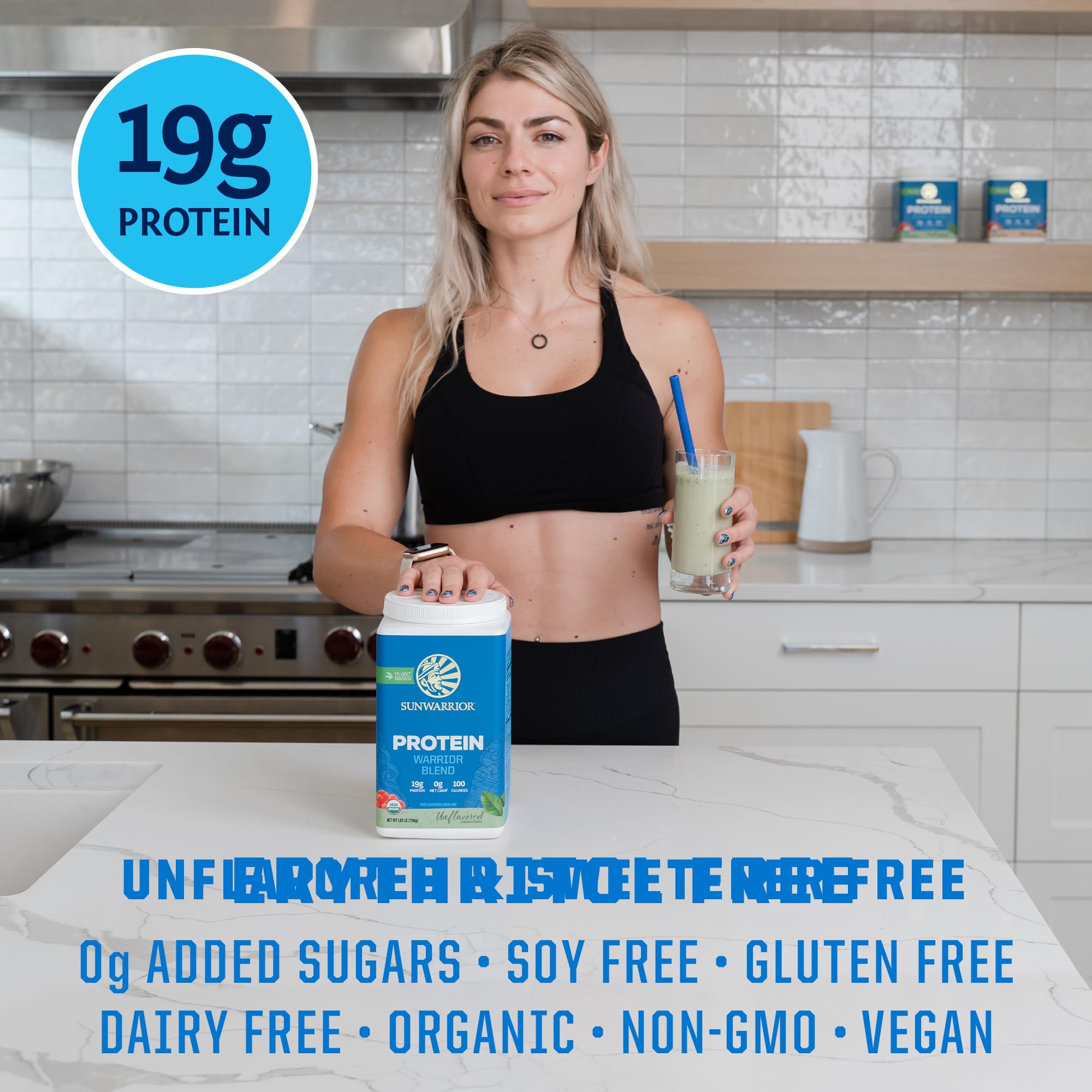 Sunwarrior etiqueta con información de ingredientes y sellos orgánicos, seguridad clara
