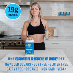 Sunwarrior etiqueta con información de ingredientes y sellos orgánicos, seguridad clara