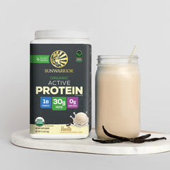 Sunwarrior detalle de la etiqueta nutricional que muestra perfil completo de aminoácidos