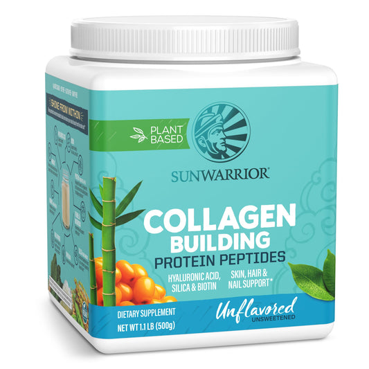Sunwarrior frasco delantero mostrando envase sin sabor y limpieza de ingredientes