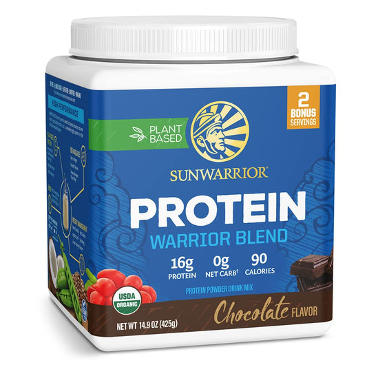 Sunwarrior envase frontal chocolate mostrando la marca y sabor — claridad de producto