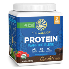 Sunwarrior envase frontal chocolate mostrando la marca y sabor — claridad de producto