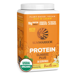 Sunwarrior frasco frontal mostrando diseño y beneficio proteína vegana