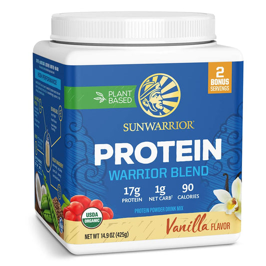 Sunwarrior empaque frontal crema sabor vainilla mostrando presentación y beneficios
