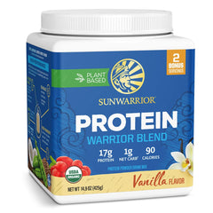 Sunwarrior empaque frontal crema sabor vainilla mostrando presentación y beneficios