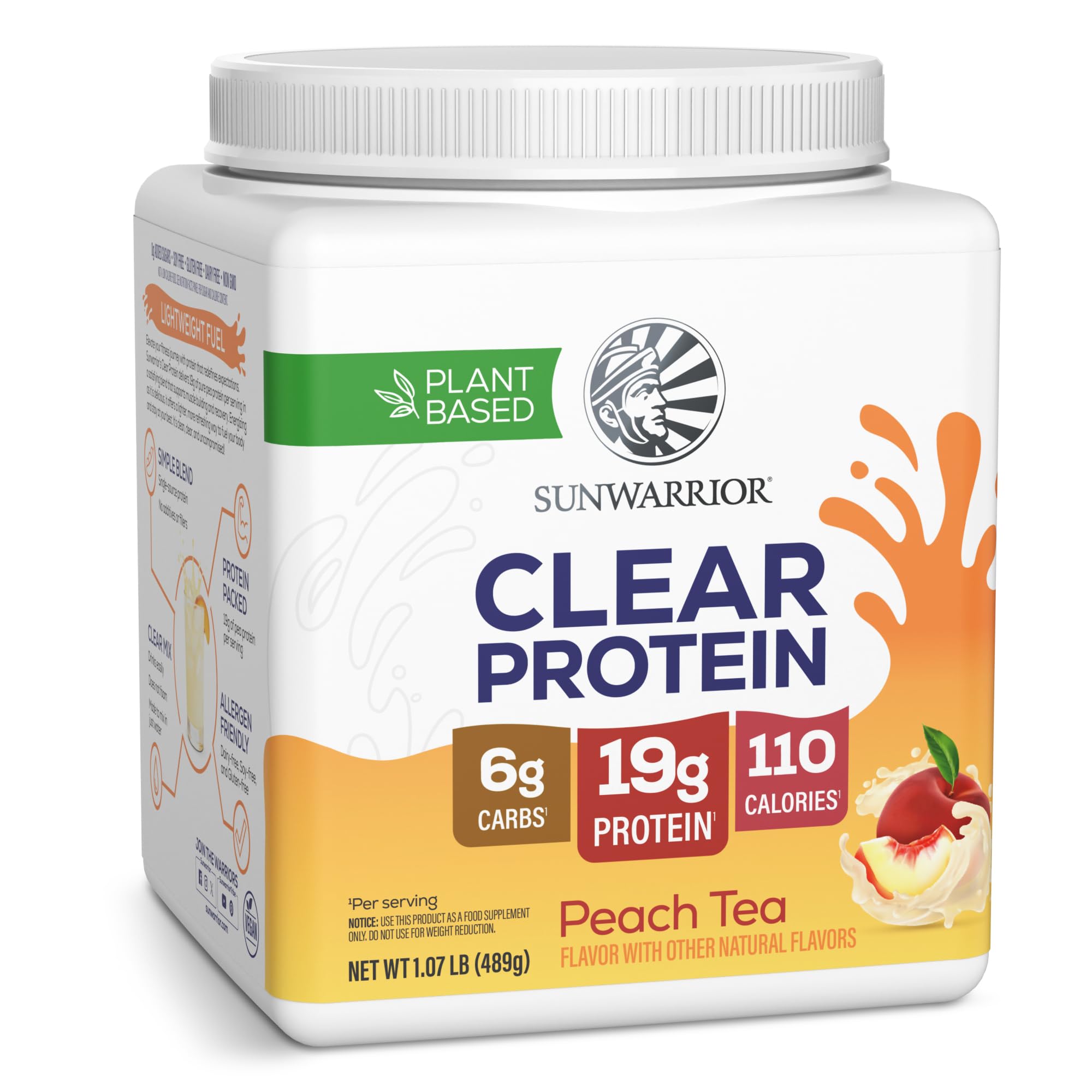 Sunwarrior envase frontal mostrando etiqueta y sabor Peach Tea, fácil identificación