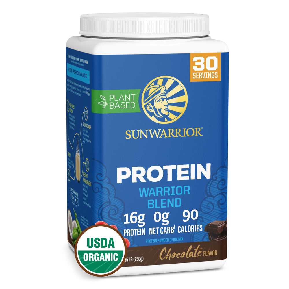 Sunwarrior frente del envase mostrando la etiqueta orgánica y sabor chocolate