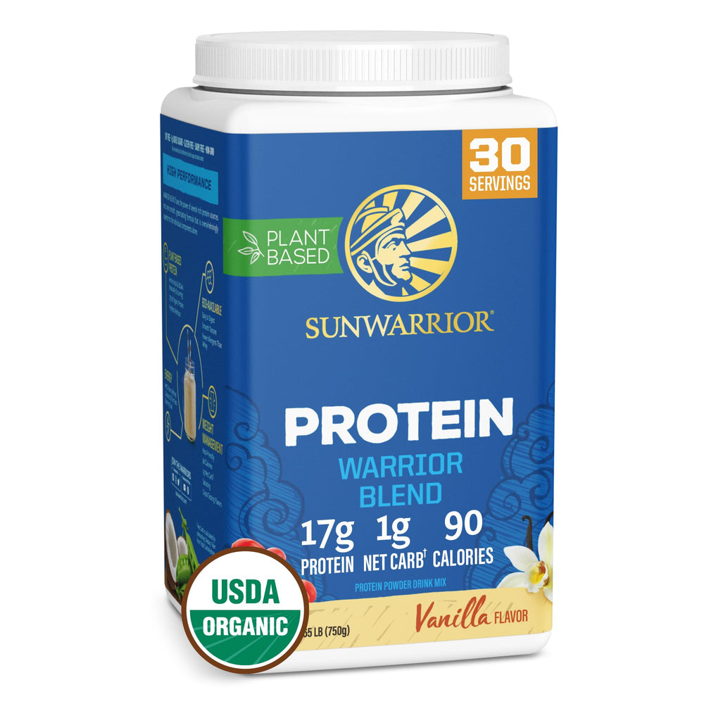 Sunwarrior envase frontal mostrando vainilla y beneficios limpios
