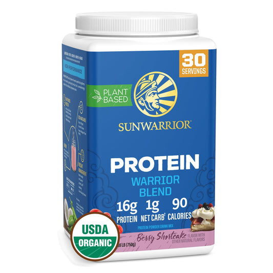 Sunwarrior envase frontal berry mostrando marca y beneficios