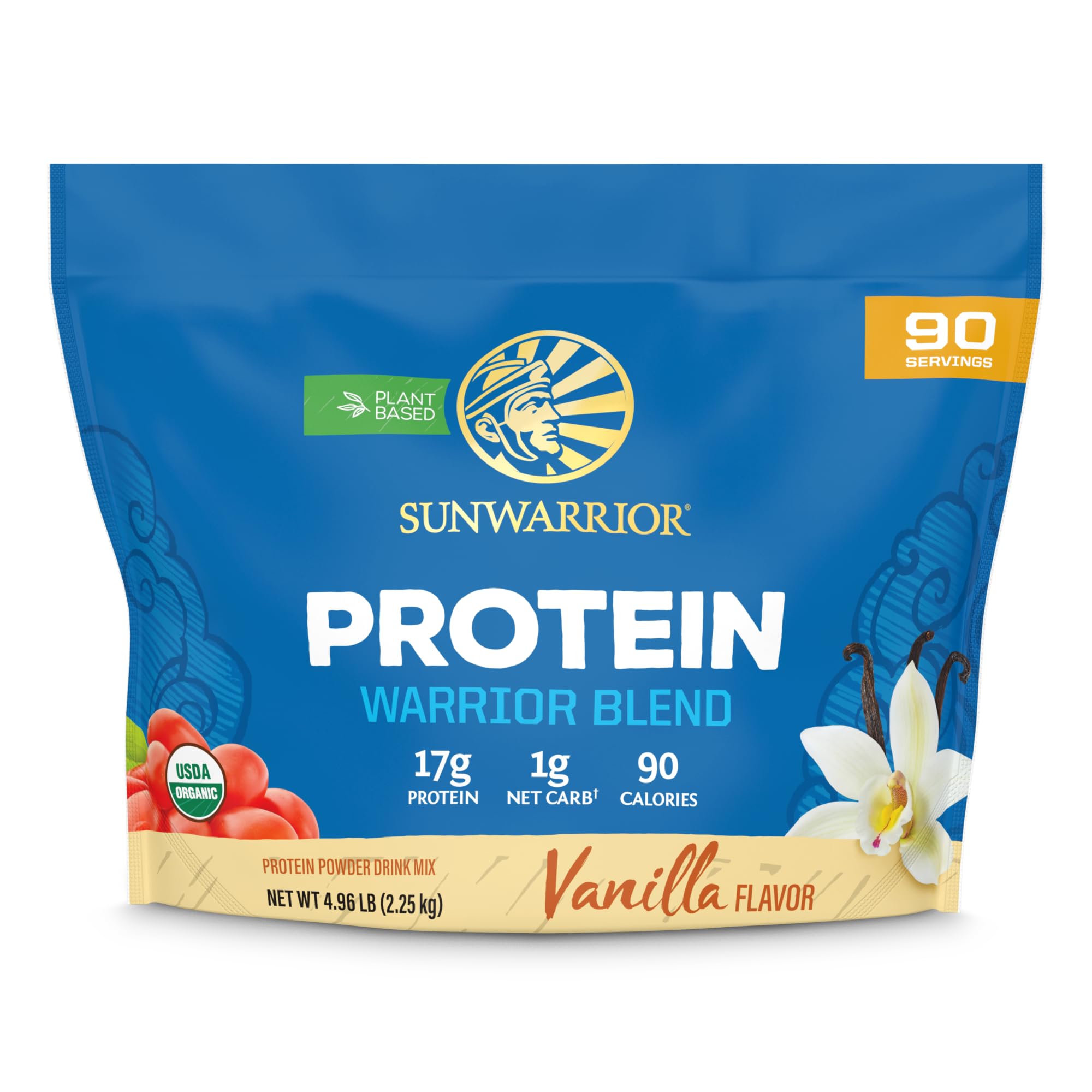 Sunwarrior envase frontal mostrando 90 porciones y sello orgánico, beneficio claridad de ingredientes