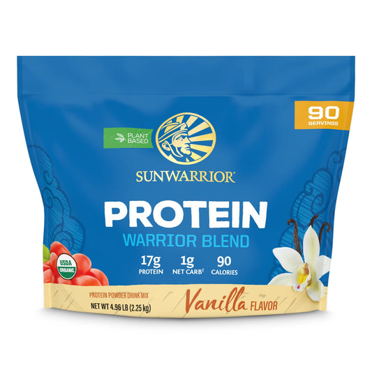 Sunwarrior envase frontal mostrando 90 porciones y sello orgánico, beneficio claridad de ingredientes