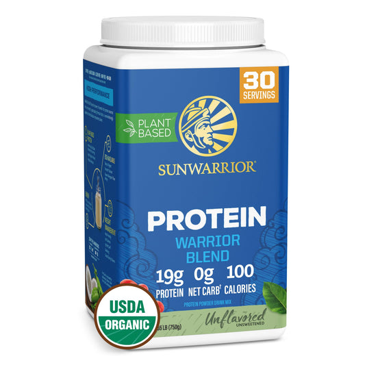 Sunwarrior frente del envase mostrando diseño y 750 g, claridad de ingredientes