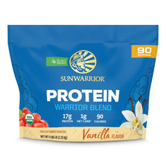 Sunwarrior envase frontal mostrando 90 porciones y sello orgánico, beneficio claridad de ingredientes