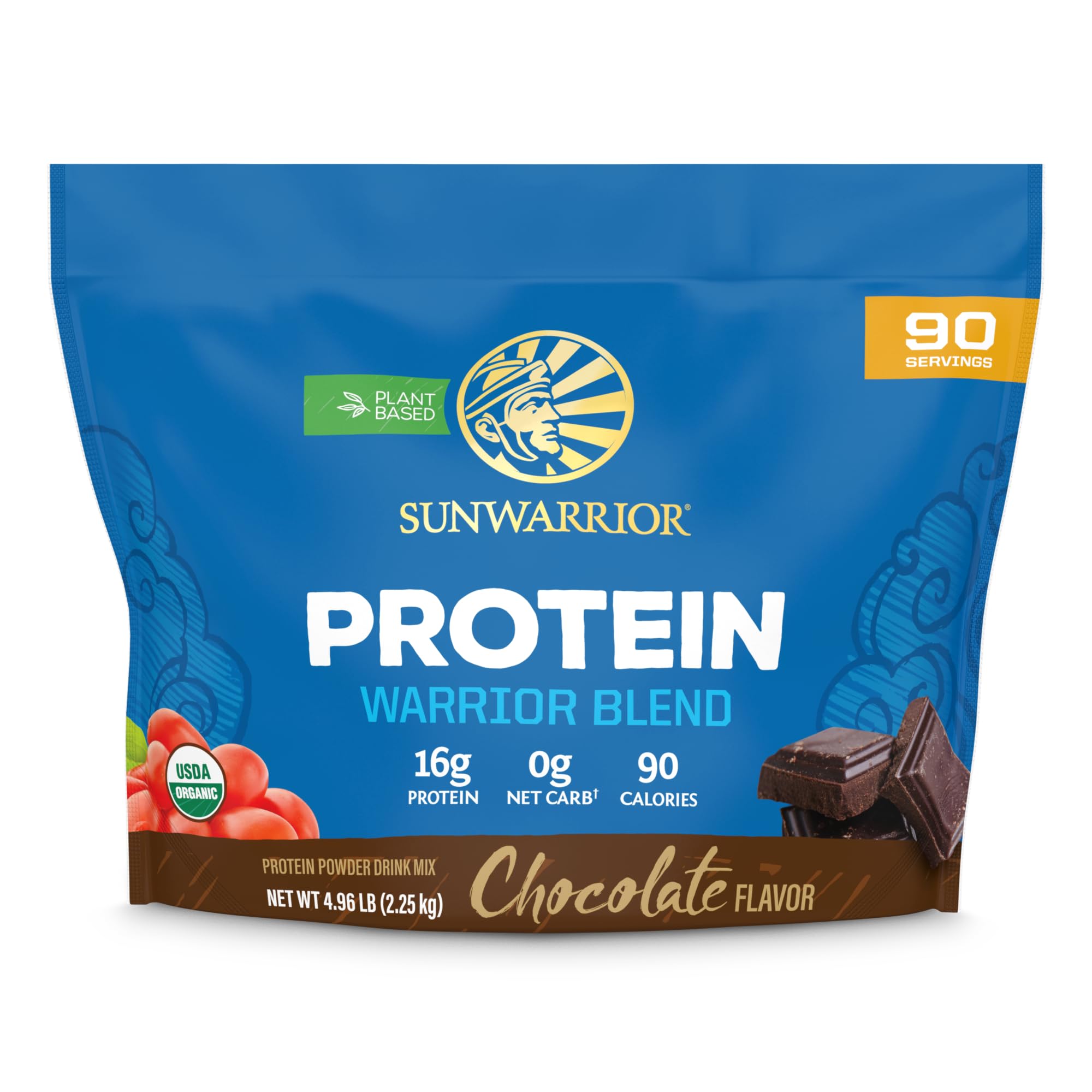 Sunwarrior envase frontal chocolate mostrando fórmula orgánica y porciones