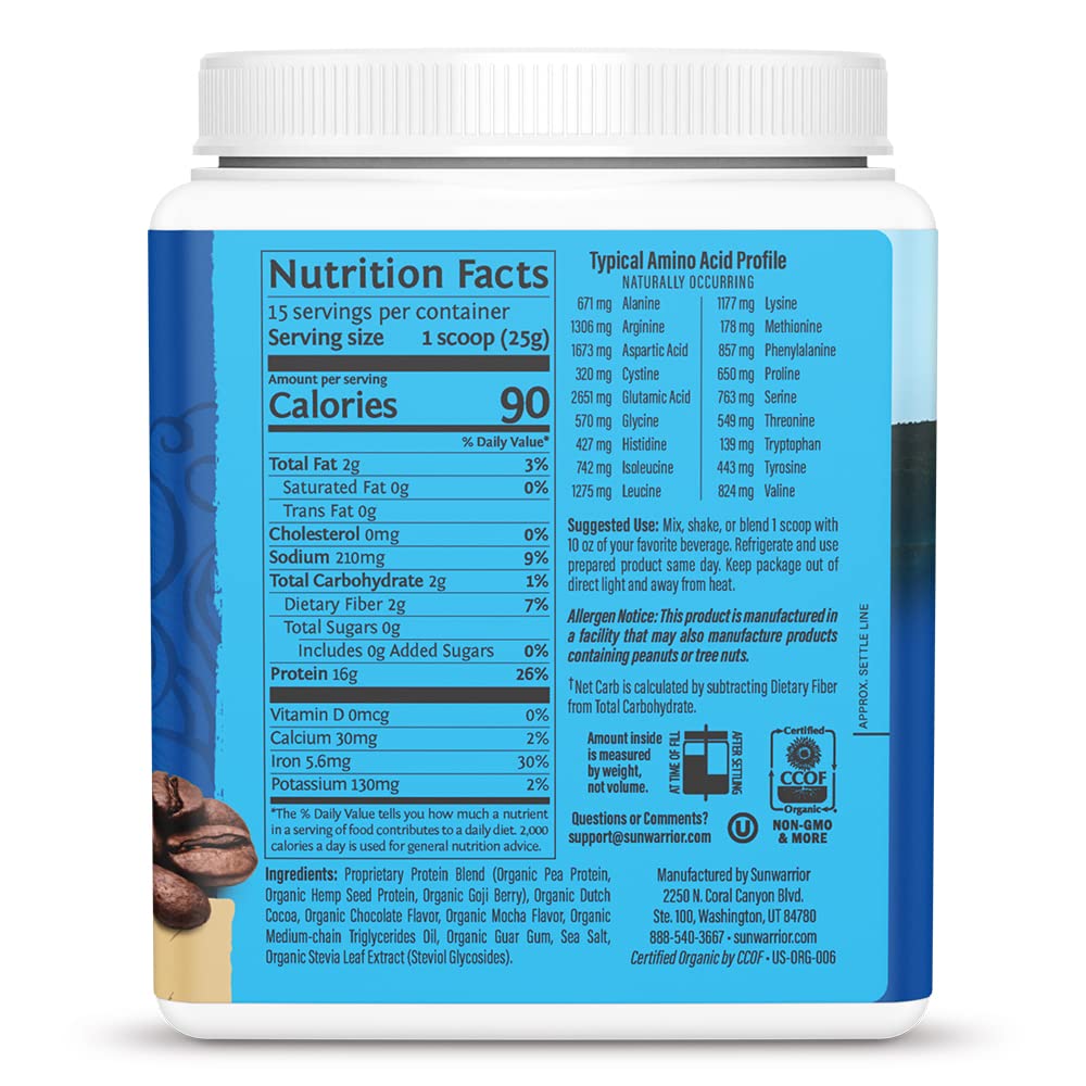 Polvo de proteína Sunwarrior mocha en primer plano, textura fina y mezcla cremosa