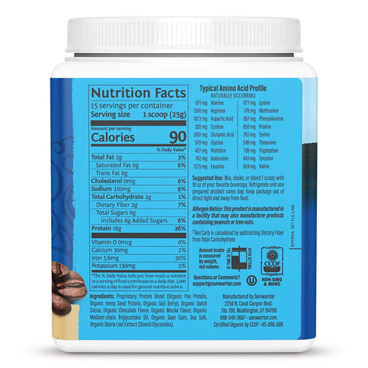 Polvo de proteína Sunwarrior mocha en primer plano, textura fina y mezcla cremosa