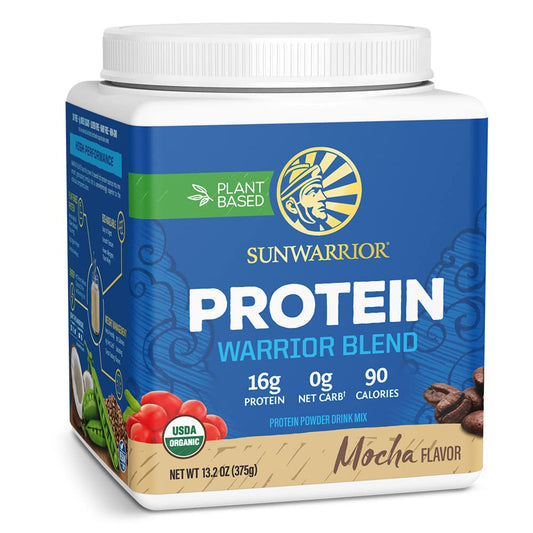 Sunwarrior envase frontal sabor mocha mostrando diseño y marca, claridad y confianza