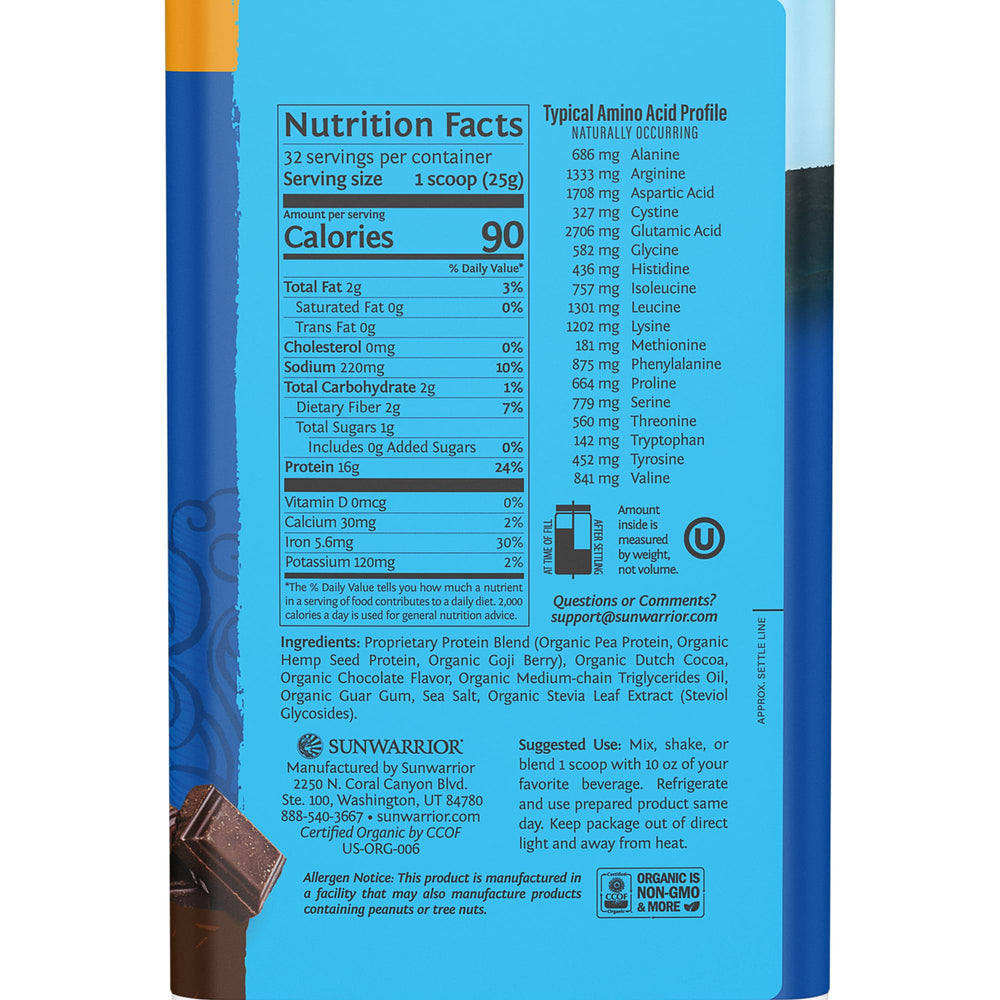 Sunwarrior Proteína Orgánica Chocolate etiqueta: empaque claro para elección consciente.