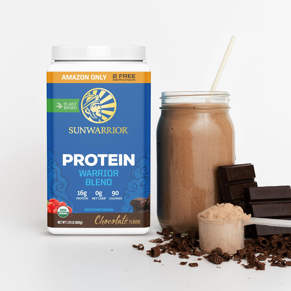 Sunwarrior Proteína Orgánica Chocolate etiqueta: certificado no transgénico.