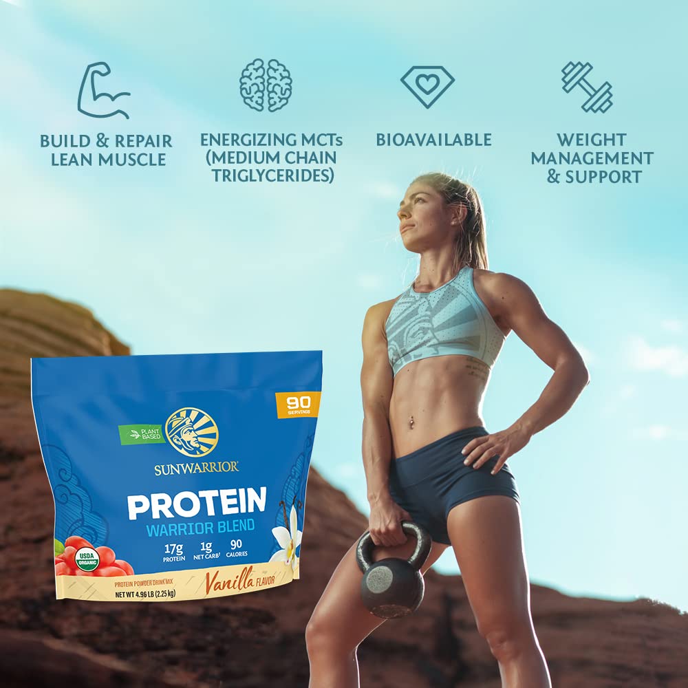 Cuchara medidora sobre el envase Sunwarrior mostrando tamaño porción, beneficio dosificación práctica