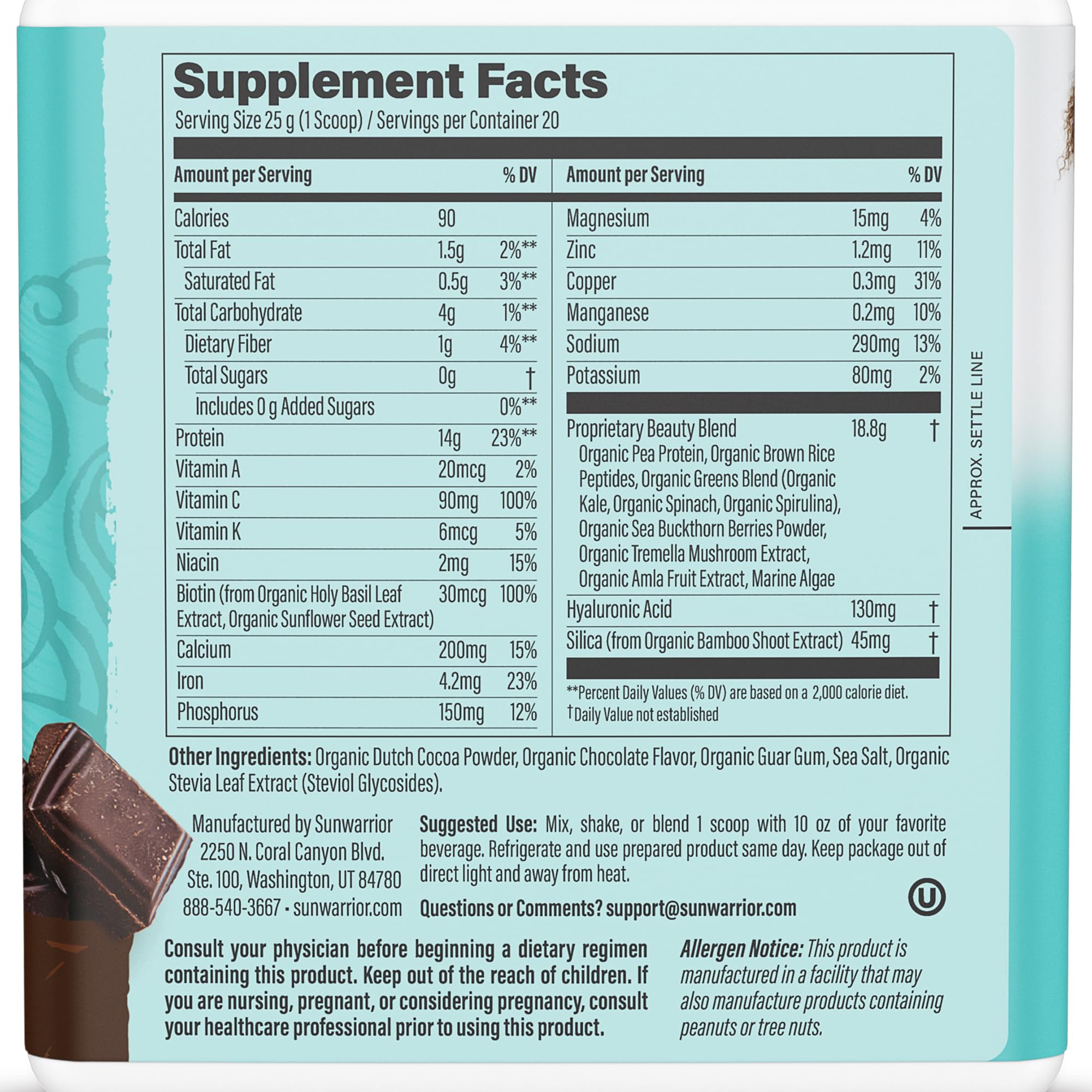 Sunwarrior textura del polvo cacao, disolución rápida y sabor