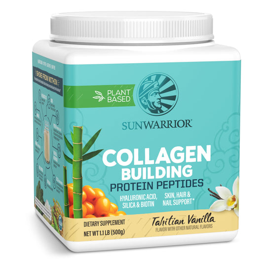 Sunwarrior envase frontal sabor vainilla mostrando beneficios veganos