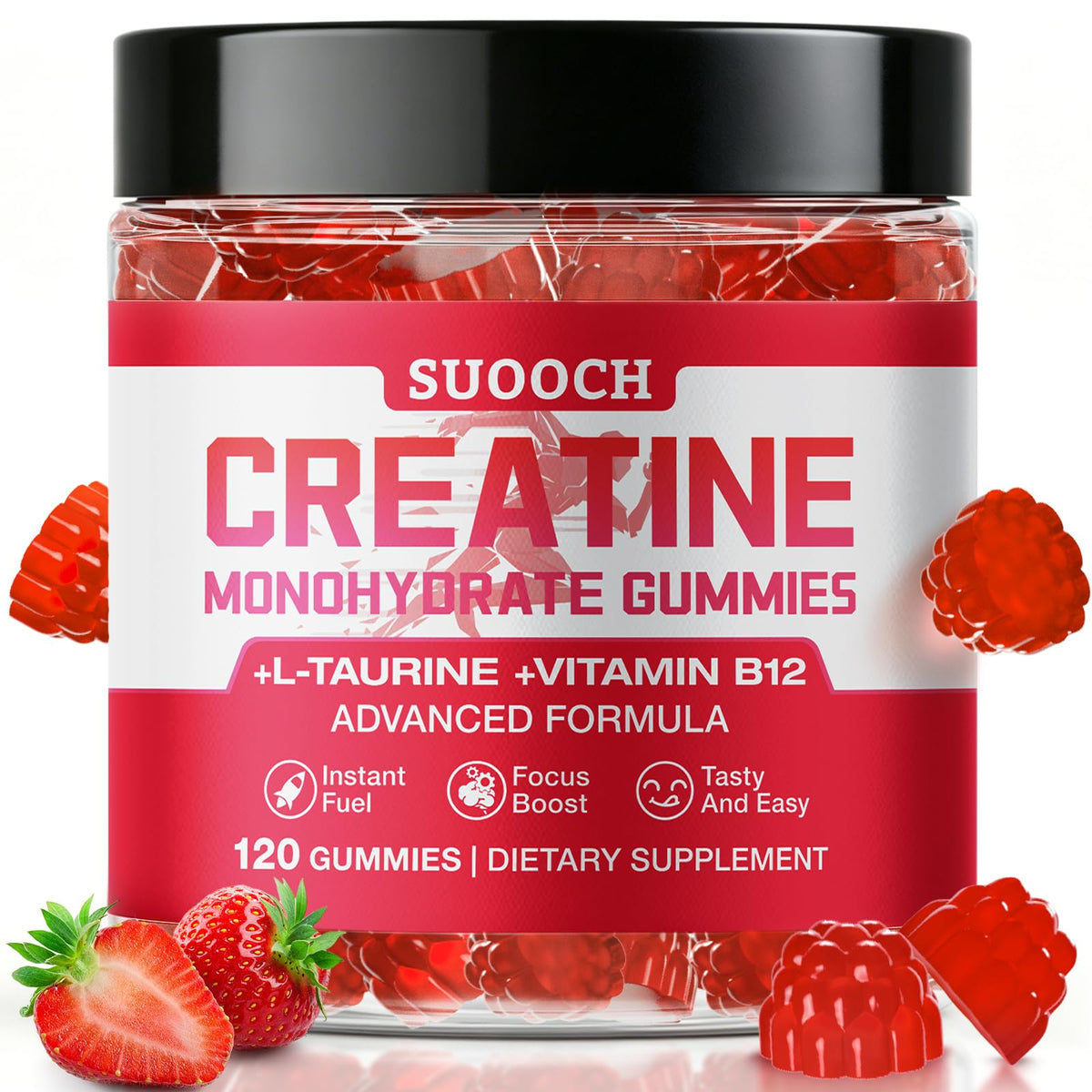 SUOOCH frasco delantero de Creatine Gummies mostrando diseño y cantidad fácil de llevar