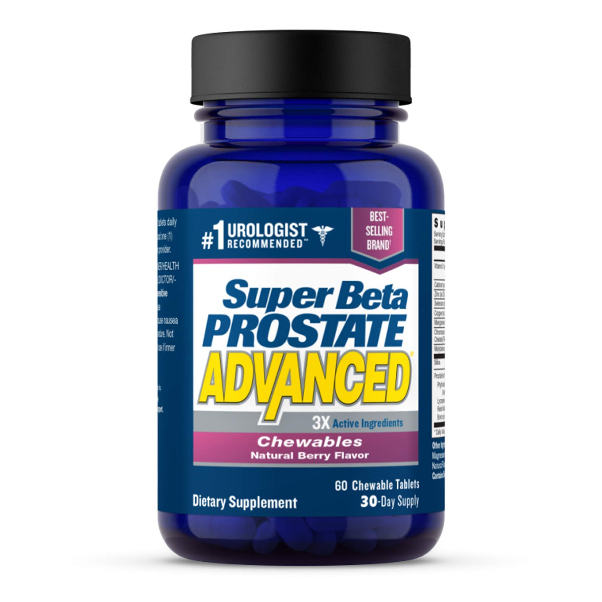 SUPER BETA PROSTATE envase frontal mostrando 60 tabletas masticables y fácil identificación