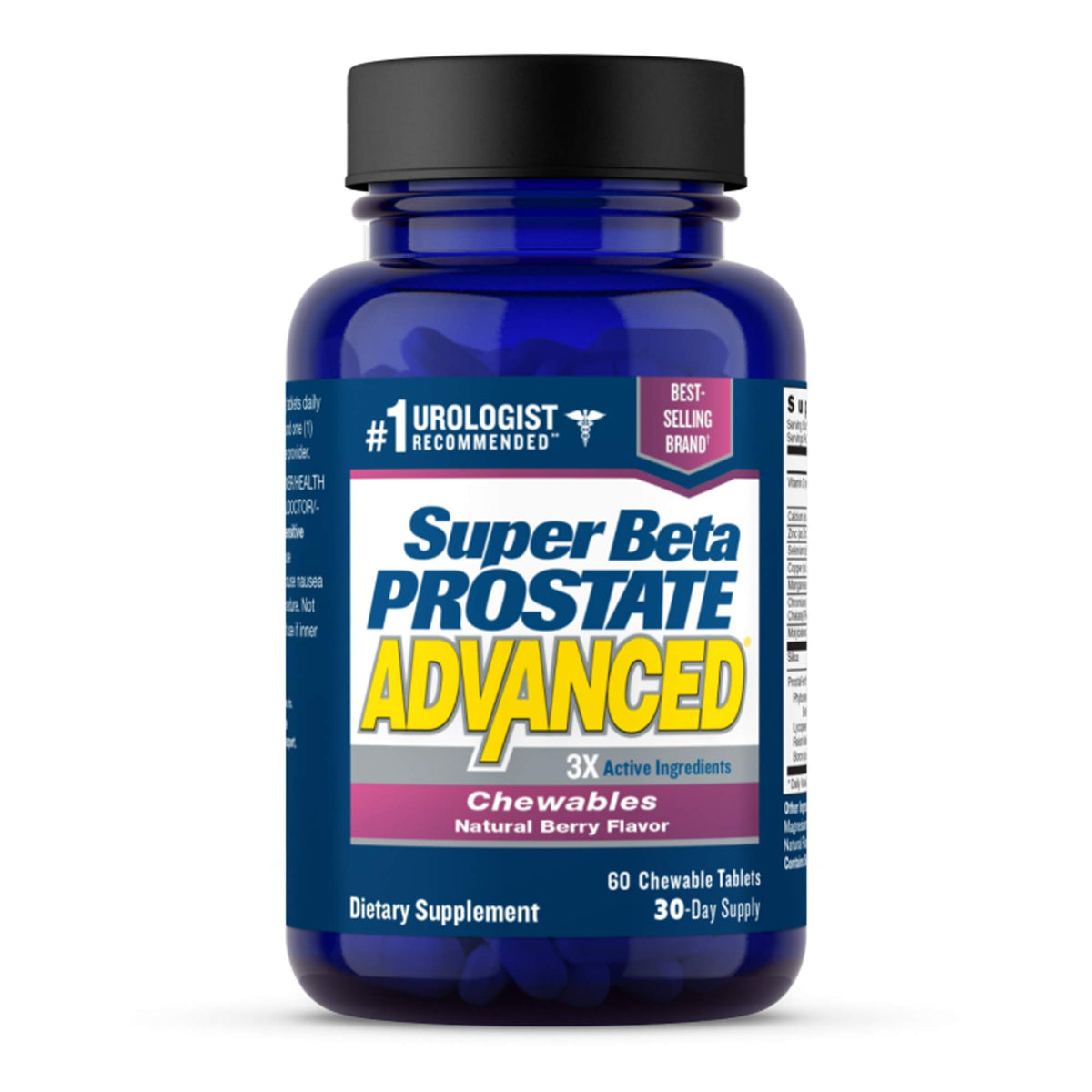 SUPER BETA PROSTATE envase frontal mostrando 60 tabletas masticables y fácil identificación
