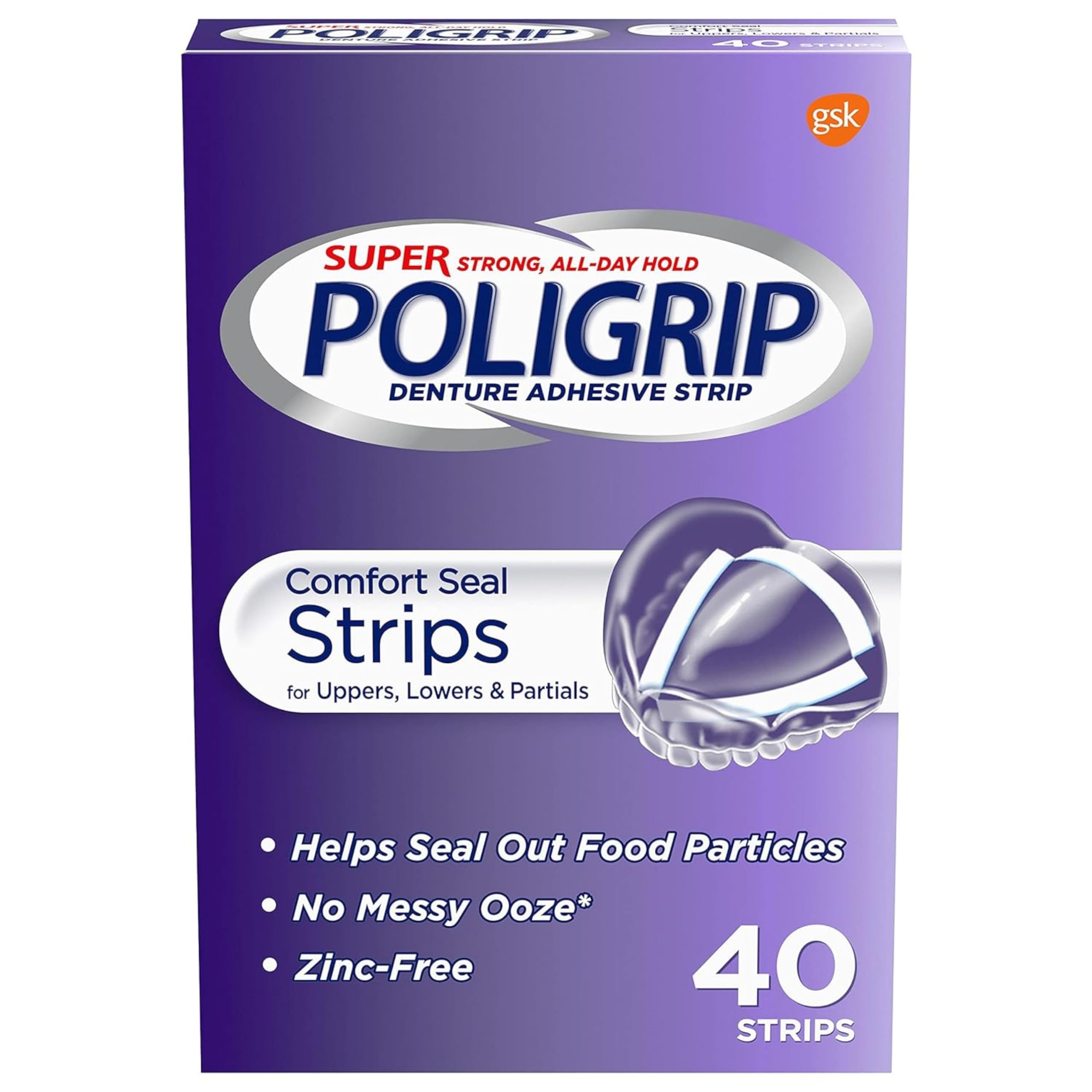 Super Poli-Grip empaque frontal mostrando tiras y beneficios