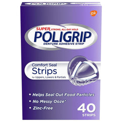 Super Poli-Grip empaque frontal mostrando tiras y beneficios