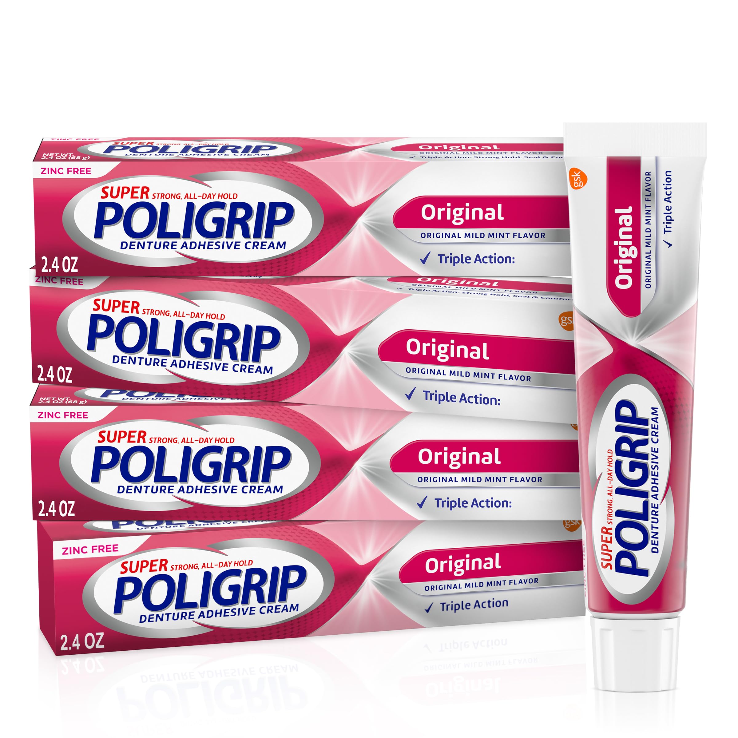 Super Poligrip frente del empaque mostrando pack de cuatro y uso confiable