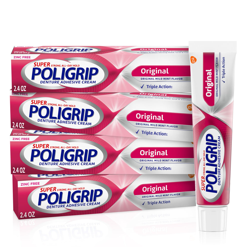 Super Poligrip frente del empaque mostrando pack de cuatro y uso confiable