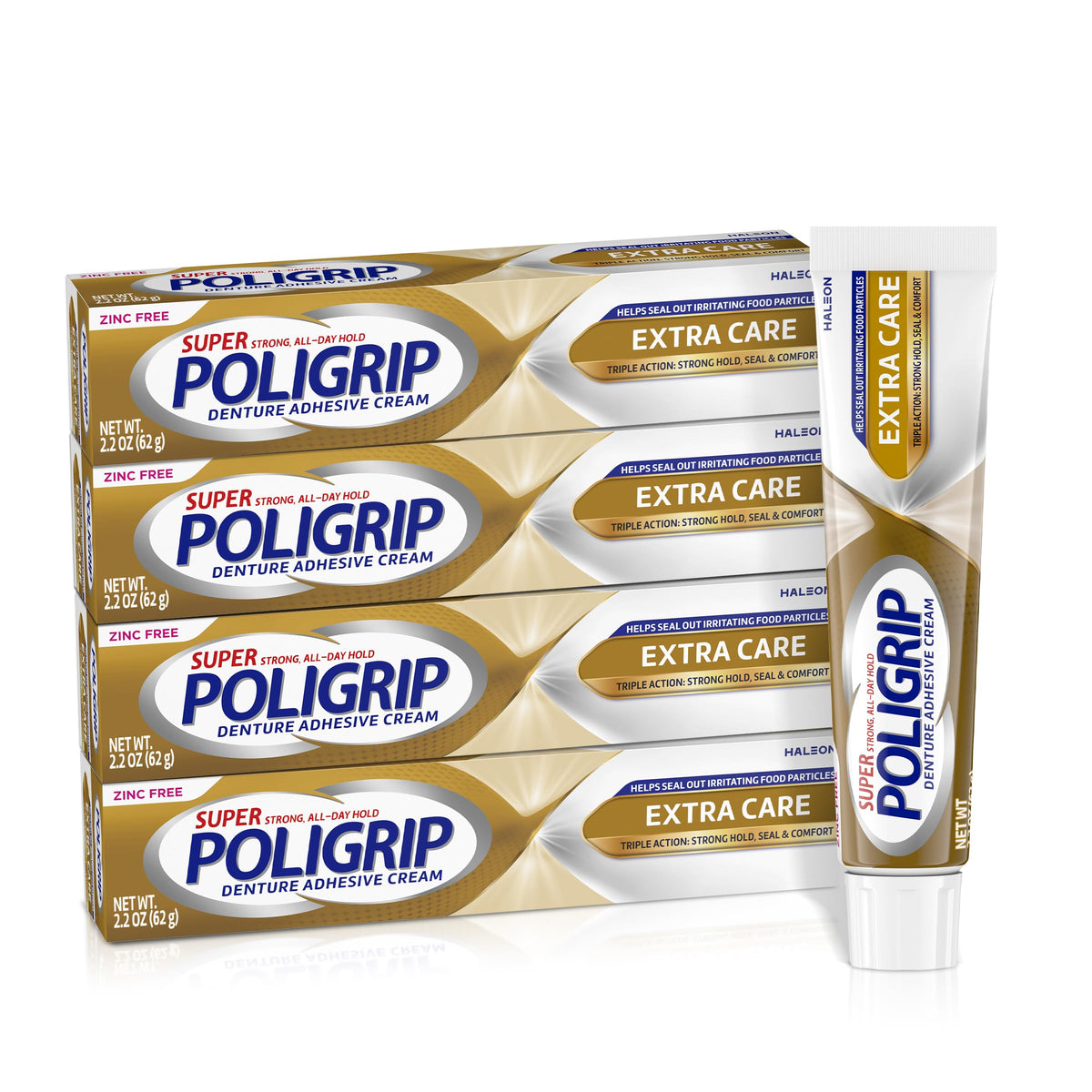 Super Poligrip envase frontal mostrando el diseño y volumen 4 tubos