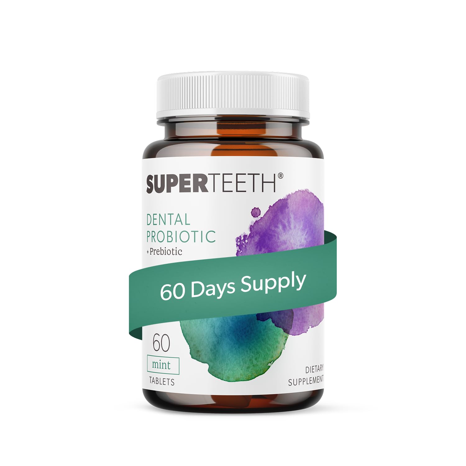 Super Teeth envase frontal mostrando 60 tabletas y beneficio de frescor
